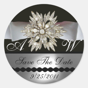 DIAMOND STARS BLACK WHITE RIBBON MONOGRAM CLASSIC ROUND STICKER