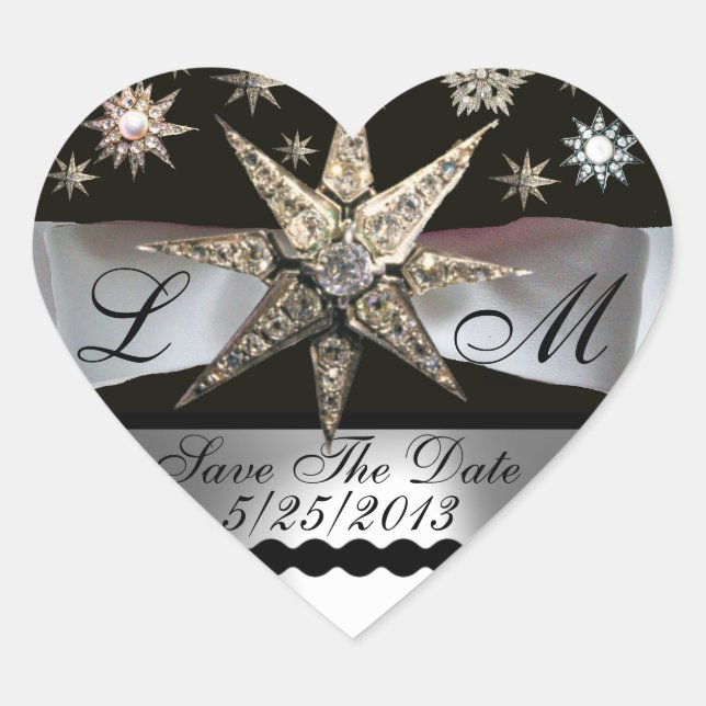 DIAMOND STARS BLACK WHITE RIBBON MONOGRAM HEART HEART STICKER (Front)