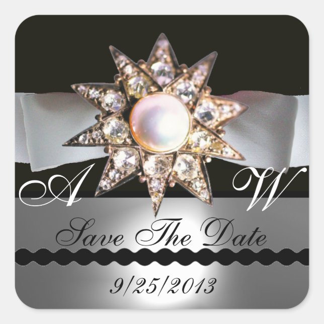 DIAMOND STARS BLACK WHITE RIBBON MONOGRAM SQUARE STICKER (Front)