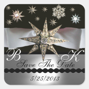 DIAMOND STARS BLACK WHITE RIBBON MONOGRAM SQUARE STICKER