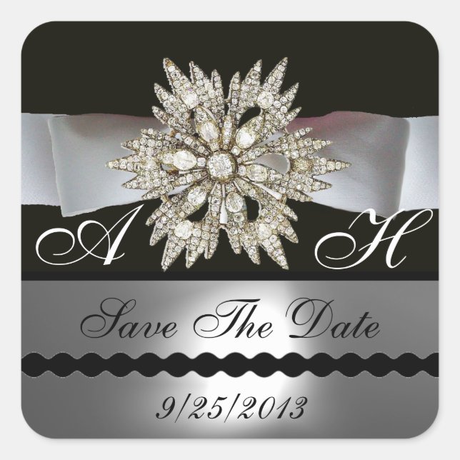 DIAMOND STARS BLACK WHITE RIBBON MONOGRAM SQUARE STICKER (Front)