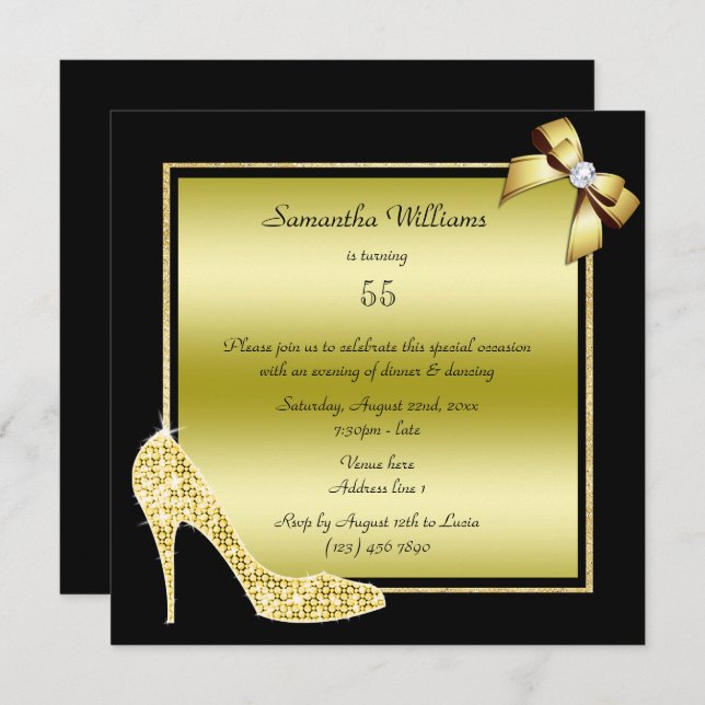 Diamond Stiletto & Romantic Gold Bow Birthday Invitation (Front/Back)