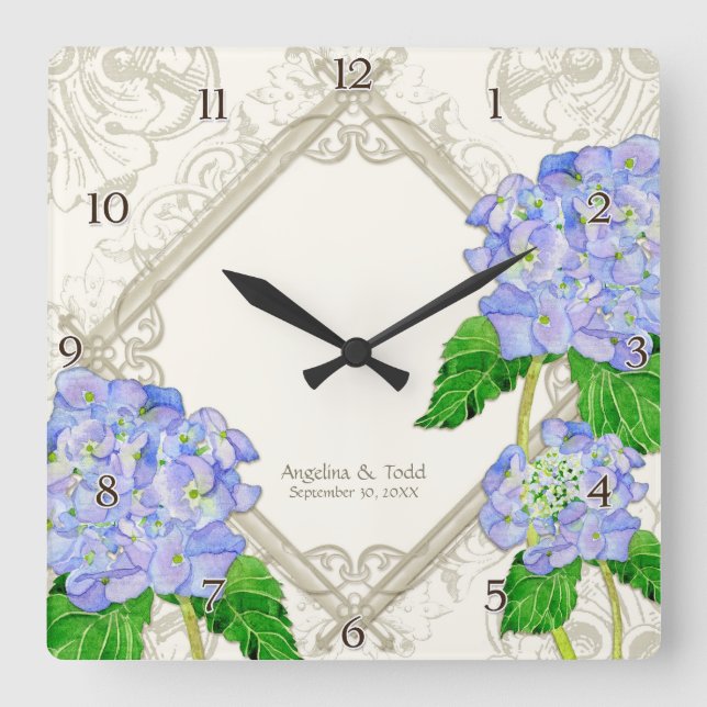 Diamond Swirl Blue Hydrangea Wedding Anniversary Square Wall Clock (Front)