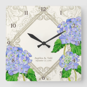 Diamond Swirl Blue Hydrangea Wedding Anniversary Square Wall Clock
