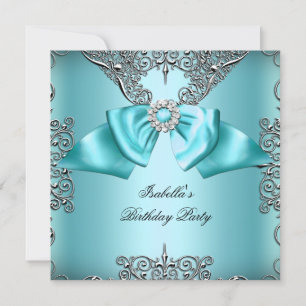 Diamond Teal Blue Bow Silver Elegant Birthday Invitation