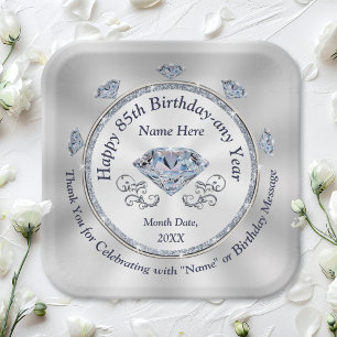 Diamond themed, 85th Birthday Plates, Personalized Paper Plate
