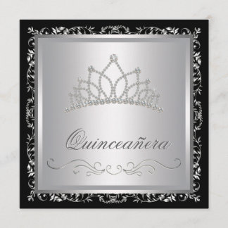 Diamond Tiara Black Damask Quinceanera Invitation