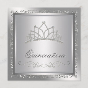 Diamond Tiara Elegant Silver Damask Quinceanera Invitation