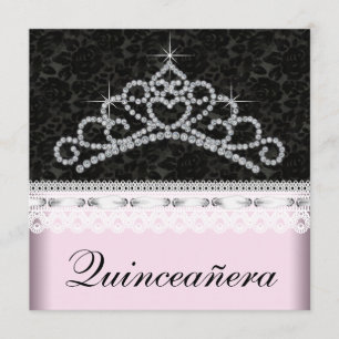 Diamond Tiara Pink Black Sweet 15 Quinceanera Invitation