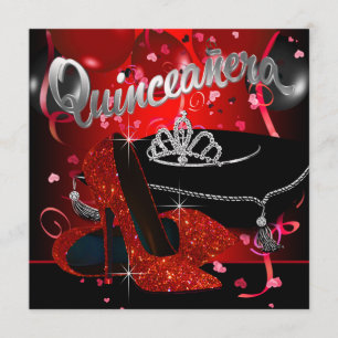 Diamond Tiara Red and Black Quinceanera Invitation