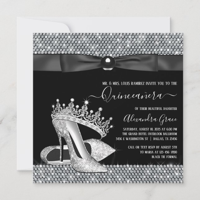 Diamond Tiara Shoe Glam Black Tie Quinceanera Invitation (Front)
