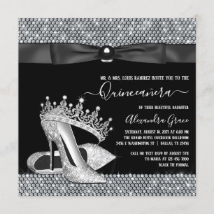 Diamond Tiara Shoe Glam Black Tie Quinceanera Invitation