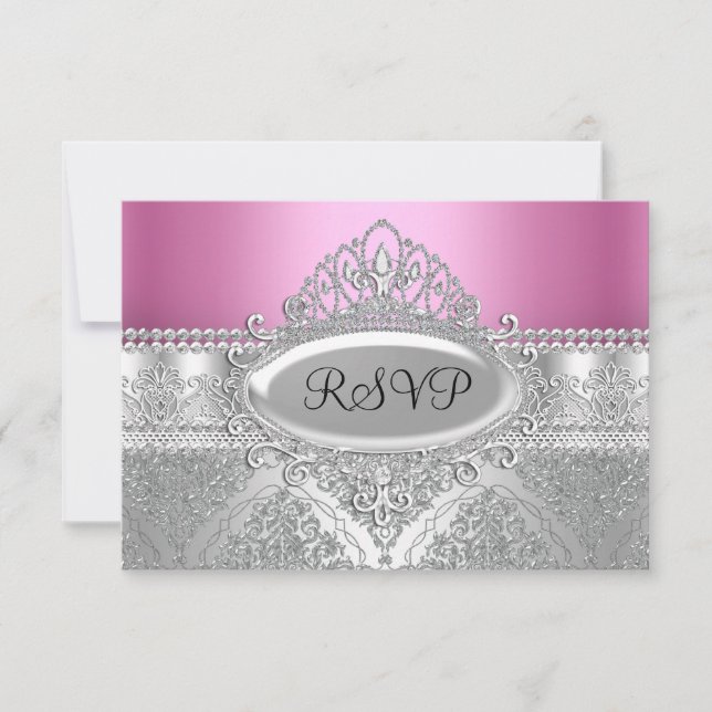 Diamond Tiara & Silver Damask Pink RSVP Card (Front)