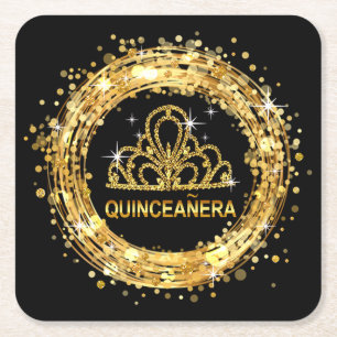 Diamond Tiara Sweet 16 Glitter Confetti gold Square Paper Coaster