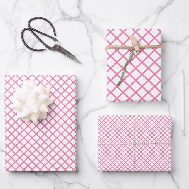 Diamond Trellis Fuchsia Pink - White Wrapping Paper Sheet (Front)