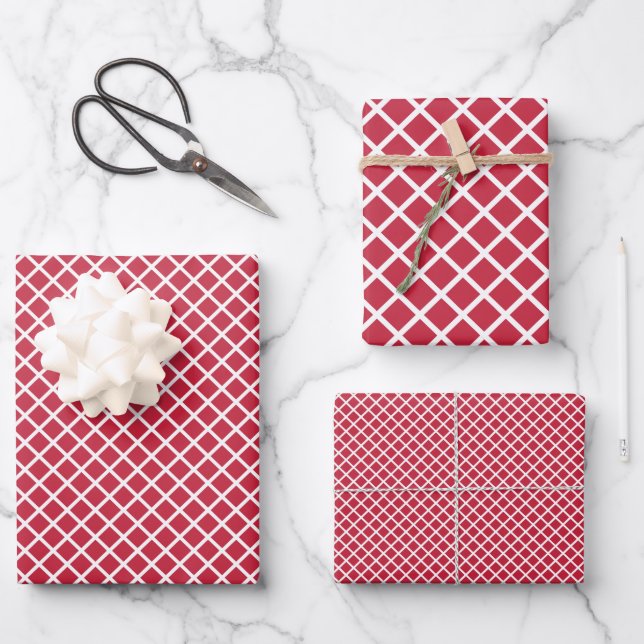 Diamond Trellis White - Cherry Red Wrapping Paper Sheet (Front)