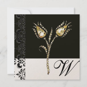 DIAMOND TULIPS , Black and Gold  Damask Monogram Announcement