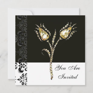 DIAMOND TULIPS , Black and White Damask Invitation
