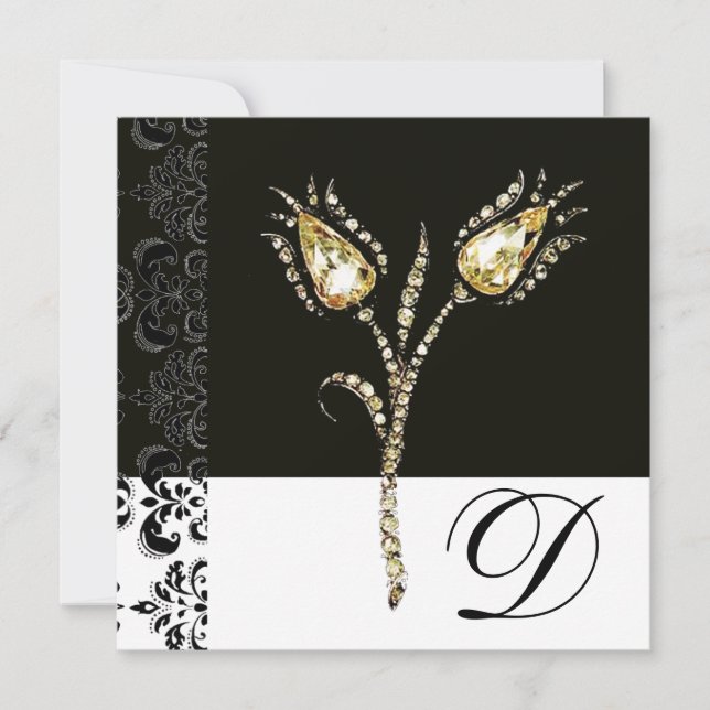 DIAMOND TULIPS , Black and White Damask Monogram Announcement (Front)