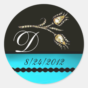 DIAMOND TULIPS BLACK WHITE AQUA BLUE TEAL MONOGRAM CLASSIC ROUND STICKER
