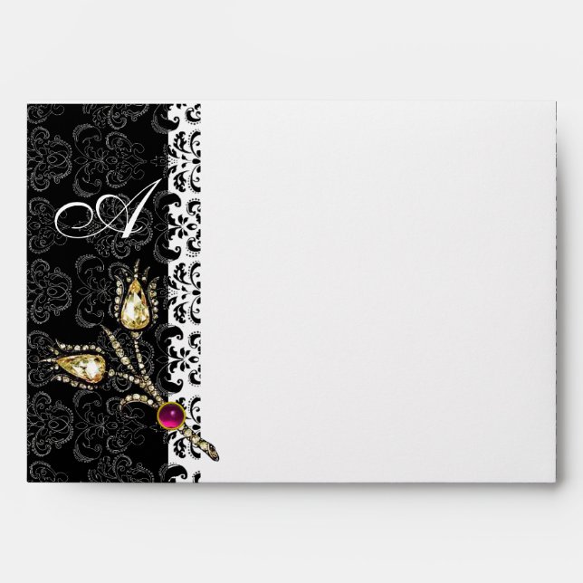 DIAMOND TULIPS  Black White Damask Monogram Envelopes (Front)