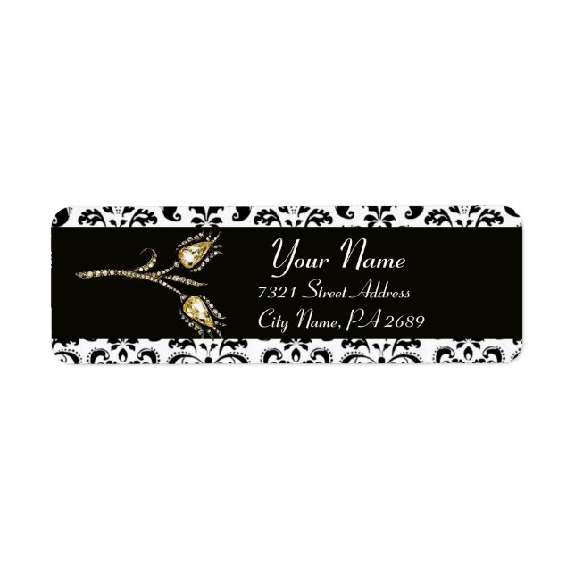 DIAMOND TULIPS BLACK WHITE  DAMASK RETURN ADDRESS LABEL (Front)