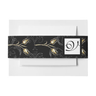 DIAMOND TULIPS Black White Damask Square  Monogram Invitation Belly Band