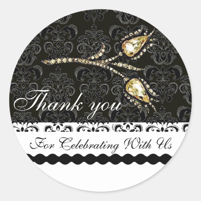 DIAMOND TULIPS BLACK WHITE DAMASK,Thank you Favour Classic Round Sticker (Front)