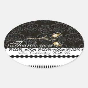 DIAMOND TULIPS BLACK WHITE DAMASK,Thank you Favour Oval Sticker