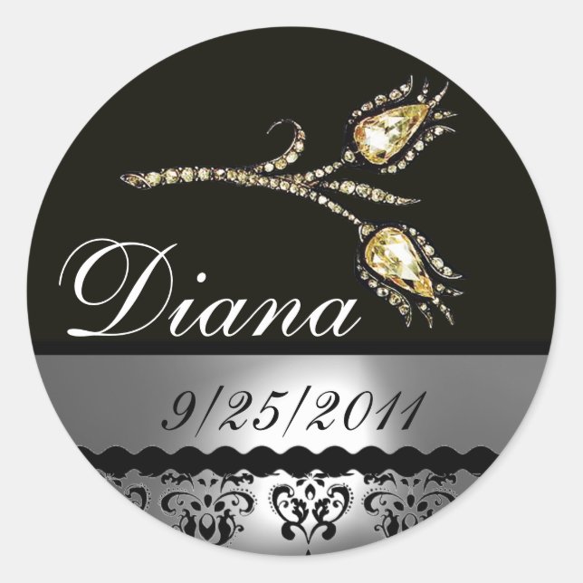 DIAMOND TULIPS BLACK WHITE GREY DAMASK,Save Date Classic Round Sticker (Front)
