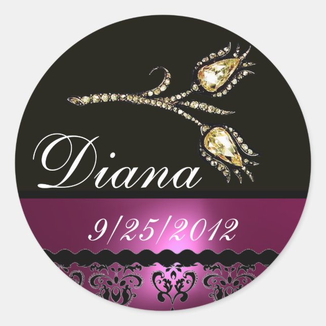DIAMOND TULIPS BLACK WHITE PINK FUCHSIA DAMASK, CLASSIC ROUND STICKER (Front)