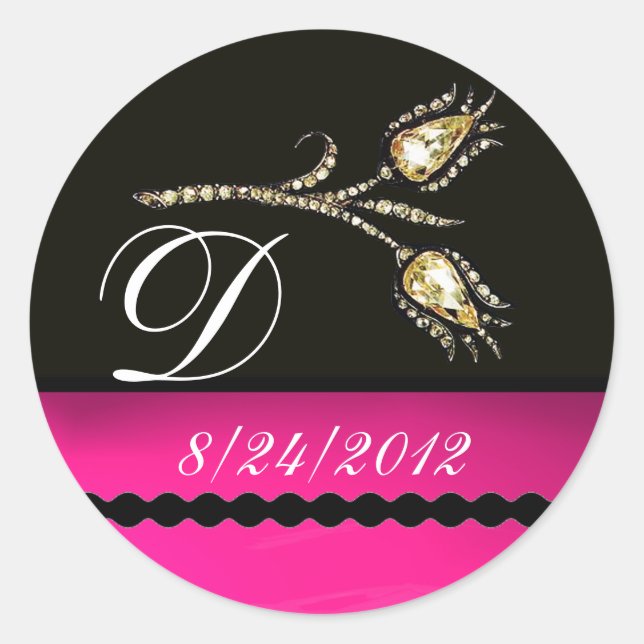 DIAMOND TULIPS BLACK WHITE PINK FUCHSIA MONOGRAM CLASSIC ROUND STICKER (Front)