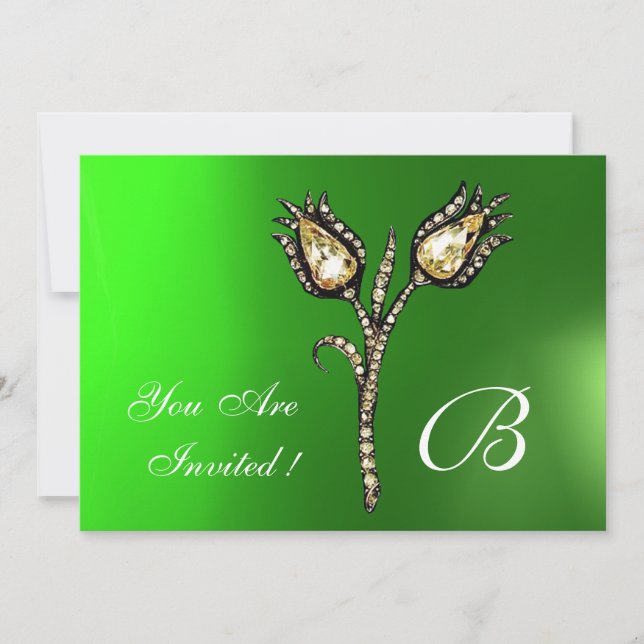 DIAMOND TULIPS MONOGRAM ,Green Emerald Invitation (Front)