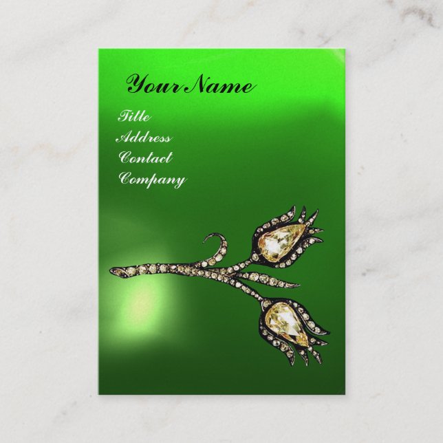 DIAMOND TULIPS MONOGRAM ,Green Emerald Pearl Business Card (Front)