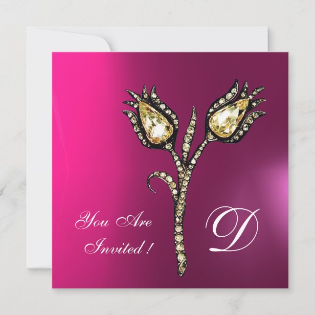 DIAMOND TULIPS MONOGRAM ,Pink Fuchsia Purple Invitation (Front)