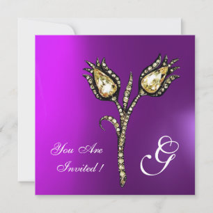DIAMOND TULIPS MONOGRAM , Purple Violet Invitation