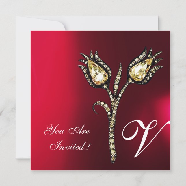 DIAMOND TULIPS MONOGRAM ,Red Burgundy White Invitation (Front)