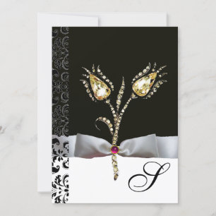 DIAMOND TULIPS ,Pink Black White Damask Monogram Invitation