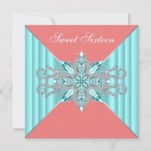 Diamond Turquoise Blue Coral Sweet 16 Birthday Invitation (Front)