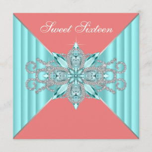 Diamond Turquoise Blue Coral Sweet 16 Birthday Invitation