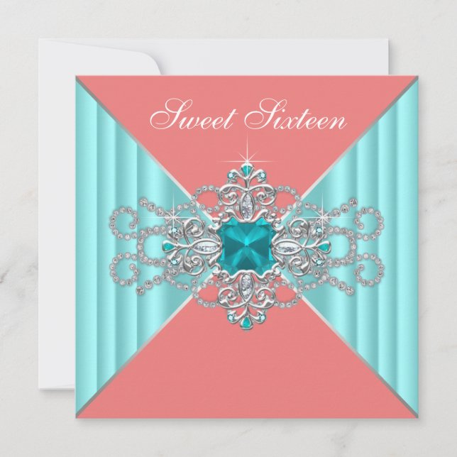 Diamond Turquoise Blue Coral Sweet 16 Birthday Invitation (Front)