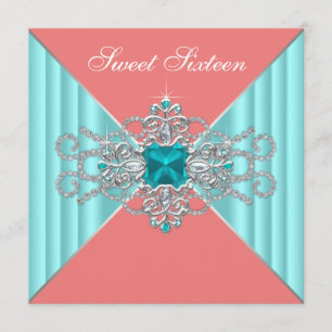 Diamond Turquoise Blue Coral Sweet 16 Birthday Invitation