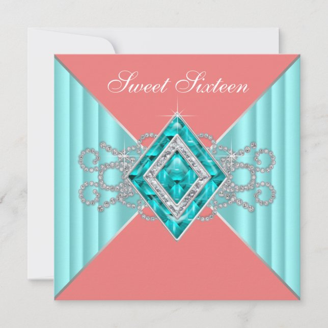 Diamond Turquoise Coral Sweet 16 Birthday Party Invitation (Front)
