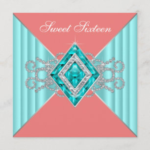 Diamond Turquoise Coral Sweet 16 Birthday Party Invitation