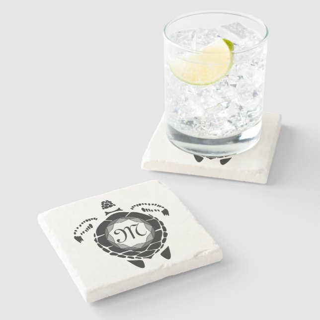 Diamond Turtle Shellback Monogram Stone Coaster (Side)