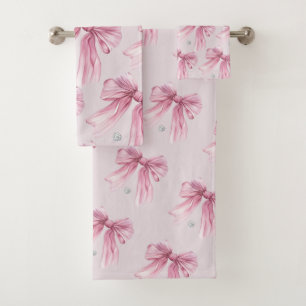 Diamond watercolor Pink Coquette Bow  Bath Towel Set