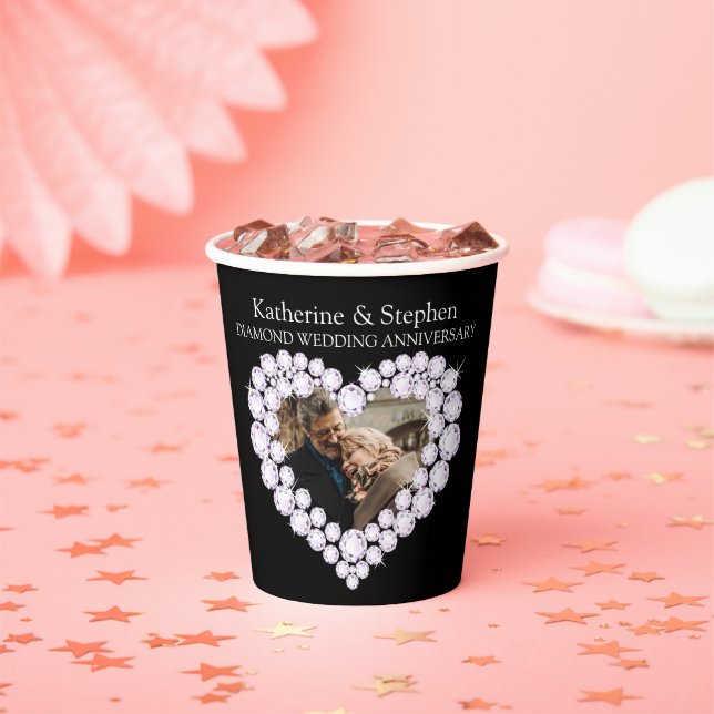Diamond wedding anniversary 60th photo black paper cups (Insitu)