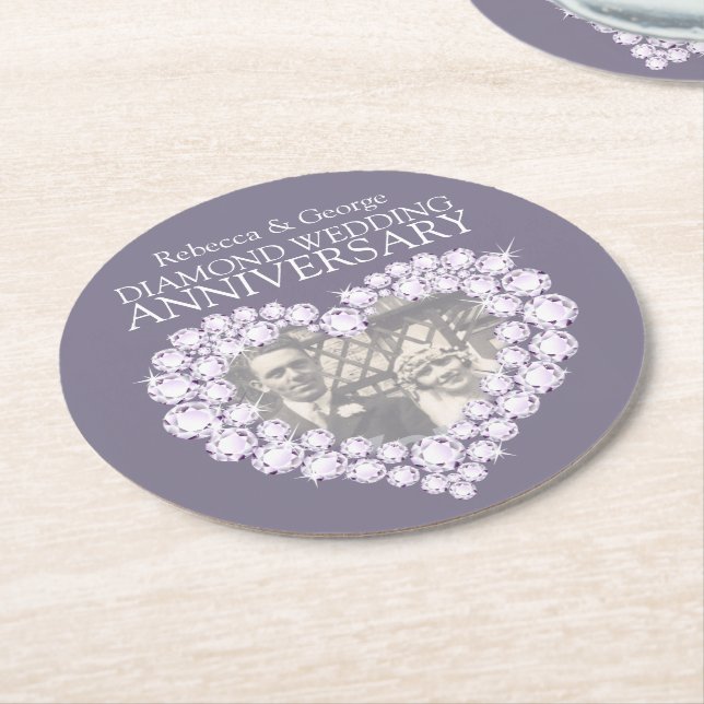 Diamond wedding anniversary heart photo coasters (Angled)