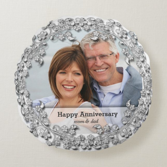 Diamond Wedding Anniversary with a photo Round Cushion (Front)