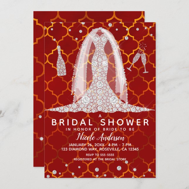Diamond Wedding Dress Red Indian Bridal Shower Invitation (Front/Back)